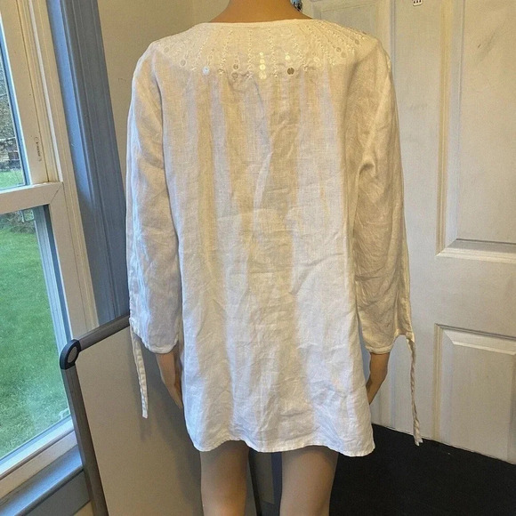 JM Collection Linen V Neck Top Blouse Sequin Artsy White Beads Embroidery Lady16 - Picture 6 of 10